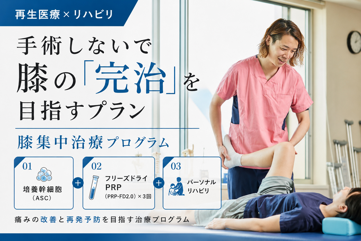 膝の完全治癒を目指すリハビリプログラムを紹介するポスター。ピンクの制服のスタッフが患者の膝をケアしている場面。