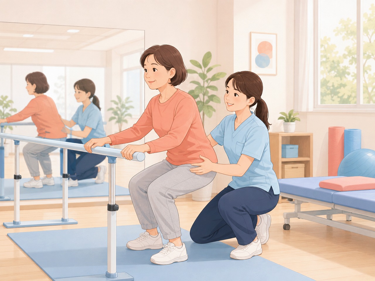 リハビリ室で理学療法士が中年女性のスクワット動作を指導しているイラスト