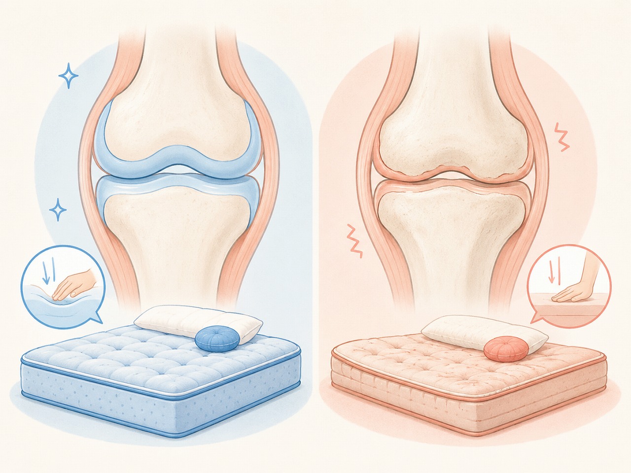 健康な軟骨と、すり減った軟骨の膝関節断面を並べて比較したイラスト